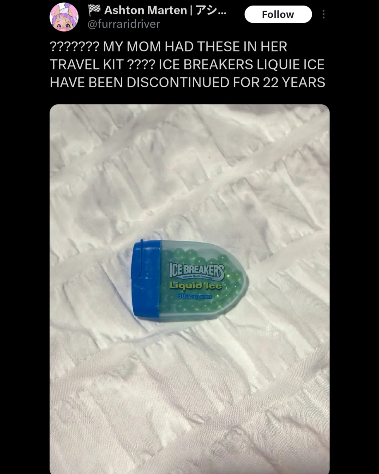 A relatable funny meme from a meme dump showing a shocked tweet where someone found a pristine container of Ice Breakers Liquid Ice in their mom's travel kit, completely baffled because the product has been discontinued for 22 years.