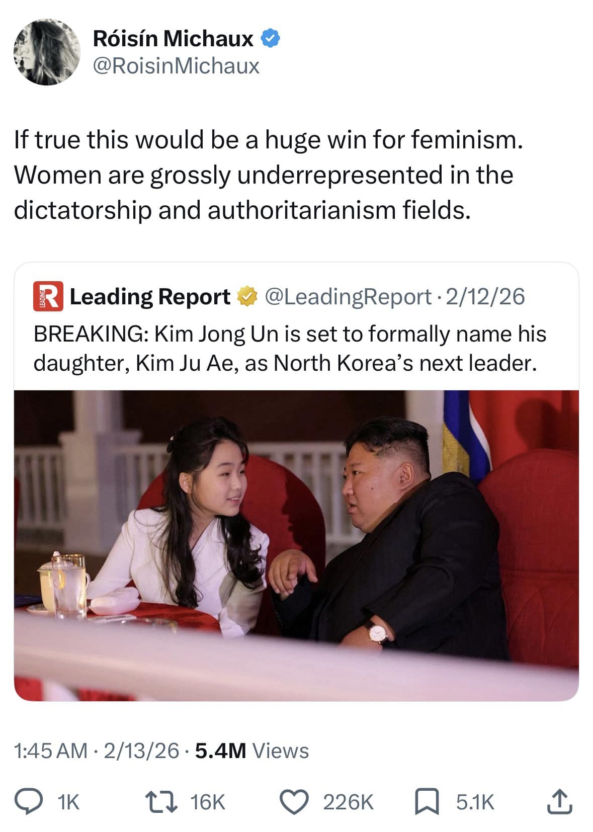 Kim Jong Un and his daughter. Sarcastic tweet calling female dictators a win for feminism in this dark meme dump.