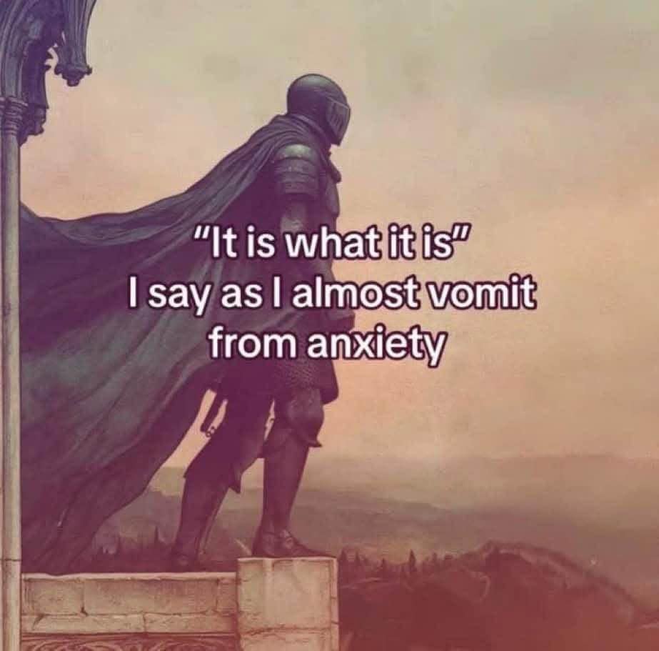 Knight in full dark armor standing on a balcony looking at a sunset. Funny relatable text saying it is what it is while almost vomiting from anxiety in this meme dump