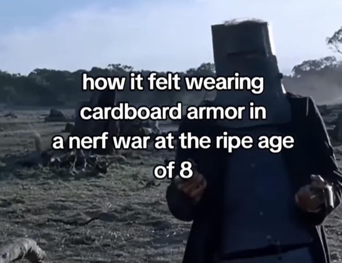 A funny meme showing the Australian outlaw Ned Kelly in his iron armor, captioned about wearing cardboard armor in a nerf war.