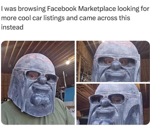 A meme dump showing a bizarre, homemade helmet found on Facebook Marketplace that resembles a sad, mustachioed man with glasses.