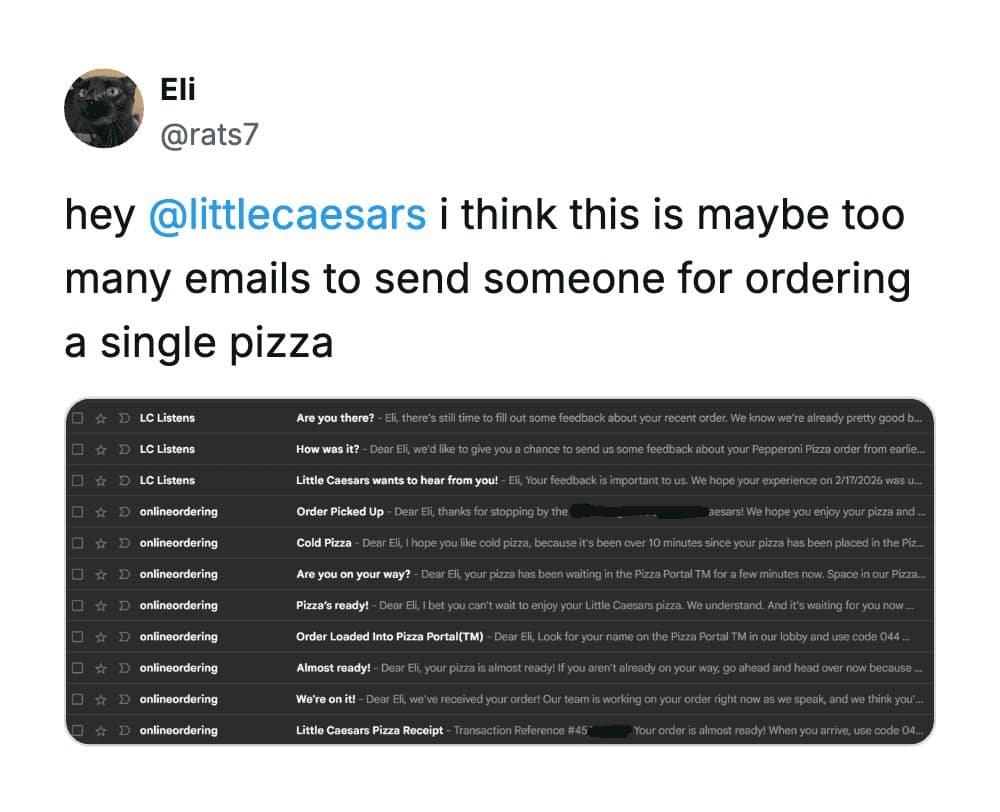 A highly accurate corporate spam funny meme showing a customer's email inbox completely flooded with nine separate automated update messages from Little Caesars just for ordering a single pizza, a painfully relatable tech struggle in this meme dump.