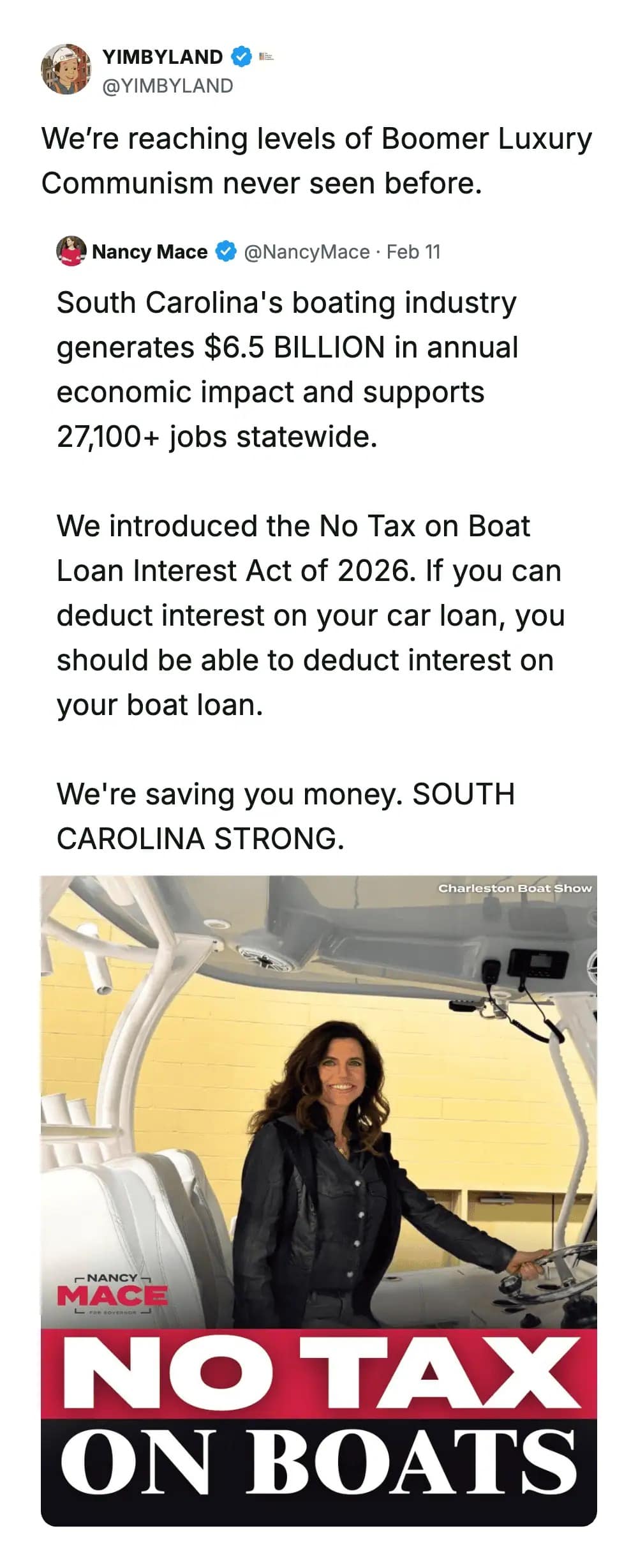 A political meme dump tweet analyzing a "No Tax on Boat Loan Interest" law, labeling it as a new level of "Boomer Luxury Communism."