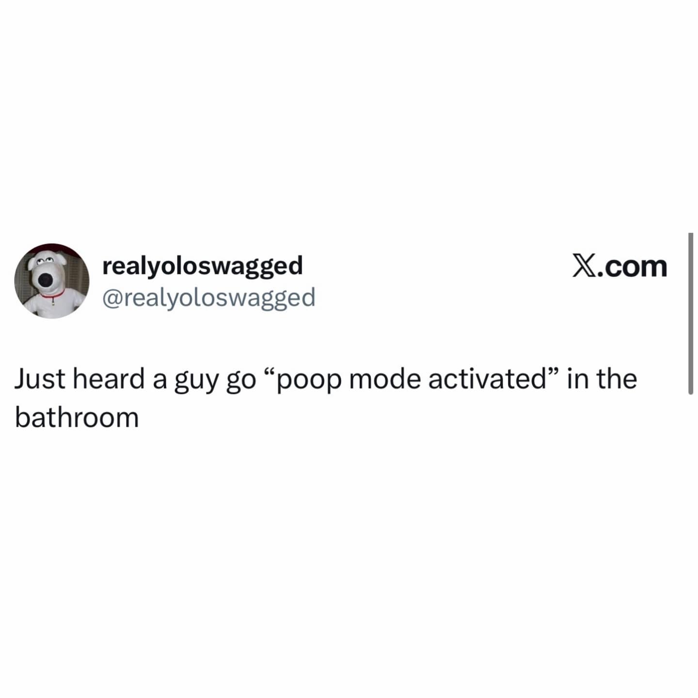 A hilarious funny meme tweet recounting a bathroom encounter where a stranger audibly announced "poop mode activated" before doing their business.