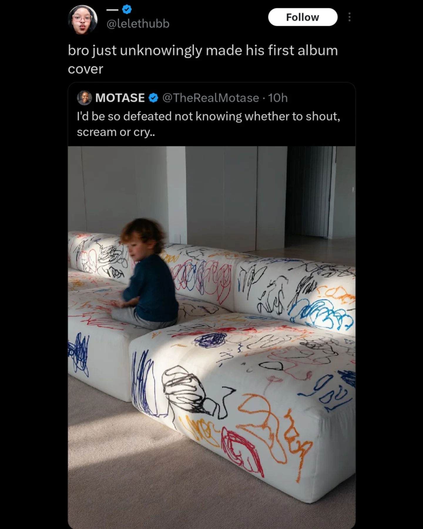 A hilarious parenting funny meme showing a toddler who has completely destroyed a pristine white designer couch with chaotic, colorful marker scribbles, brilliantly captioned in this meme dump as "bro just unknowingly made his first album cover".