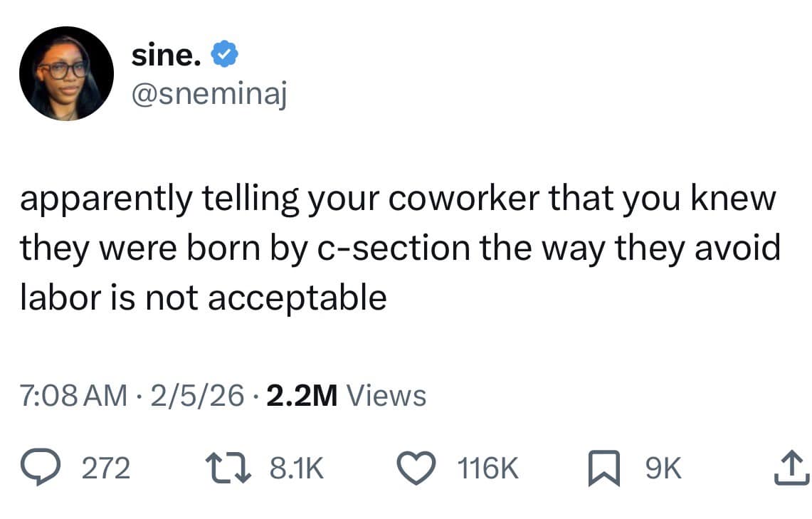 A savage hilarious meme tweet about a coworker roast involving C-sections and avoiding "labor" at work.
