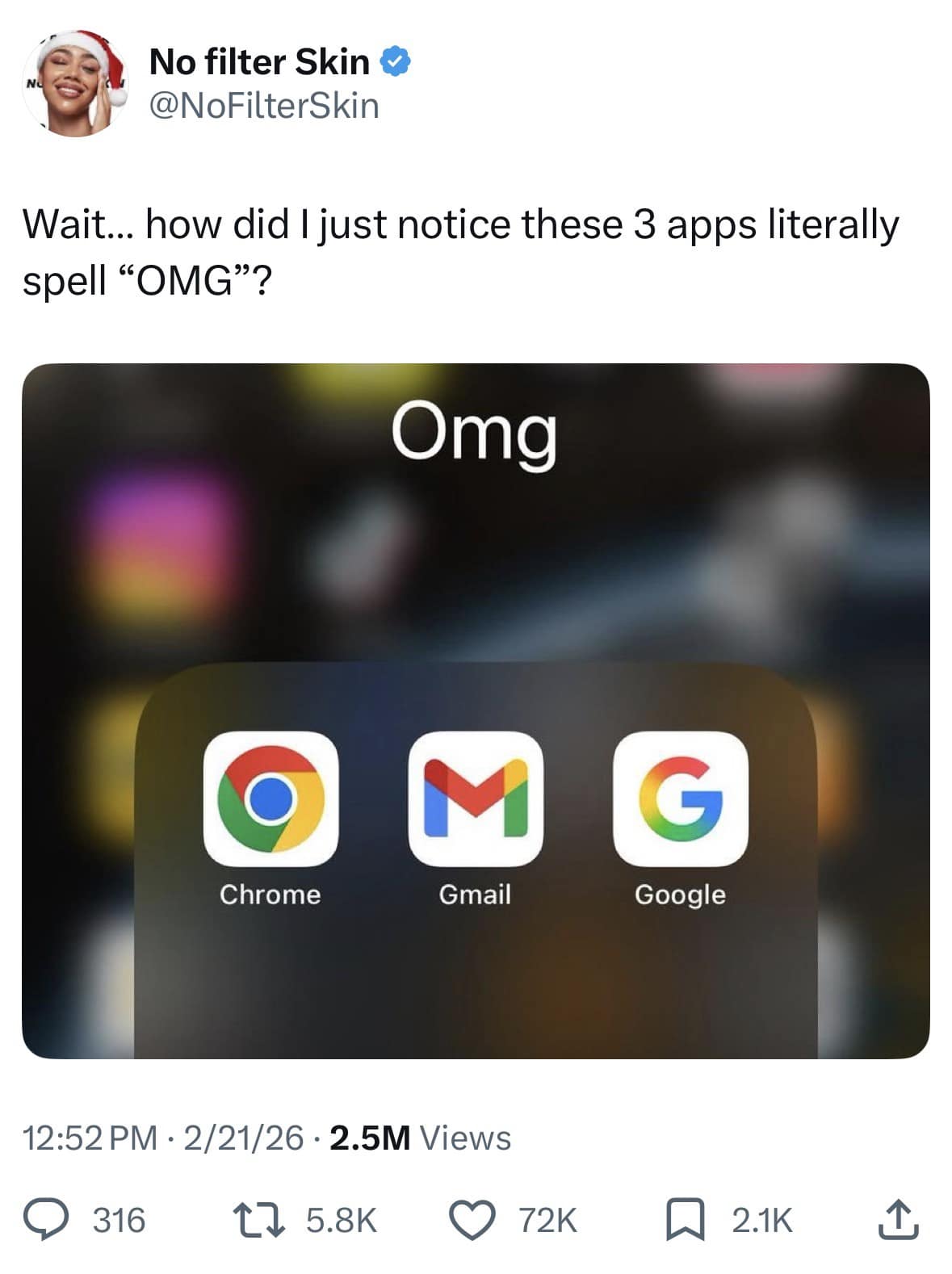 Chrome Gmail and Google app icons side by side. A clever internet meme pointing out how the three logos spell out Omg.