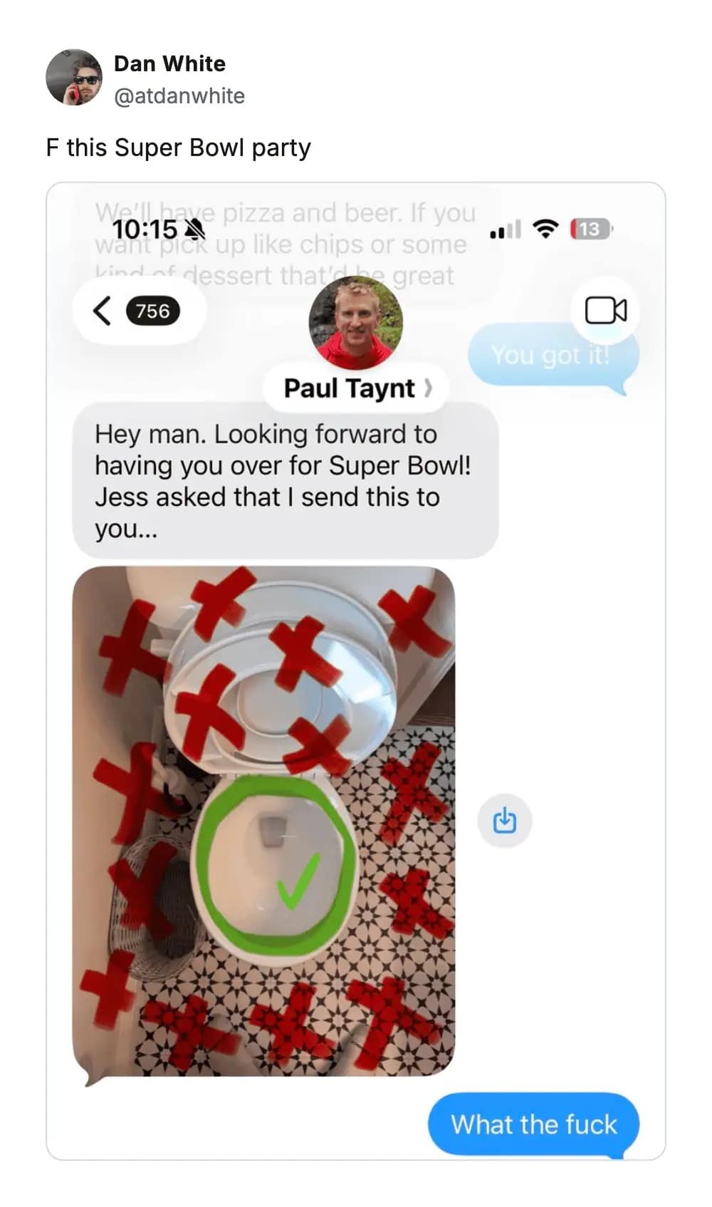 A wild funny meme showing a text exchange where a host demands a guest pee in a specific spot on the toilet bowl.
