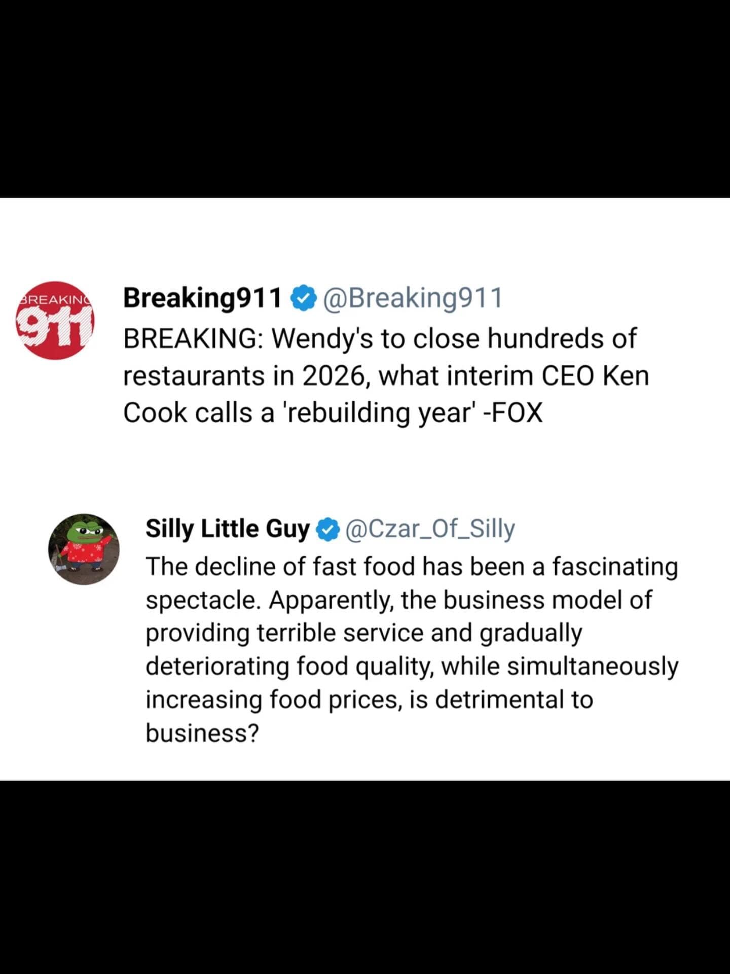 A business analysis funny meme discussing the decline of fast food, sarcastically noting that terrible service, deteriorating quality, and high prices might actually be "detrimental to business."