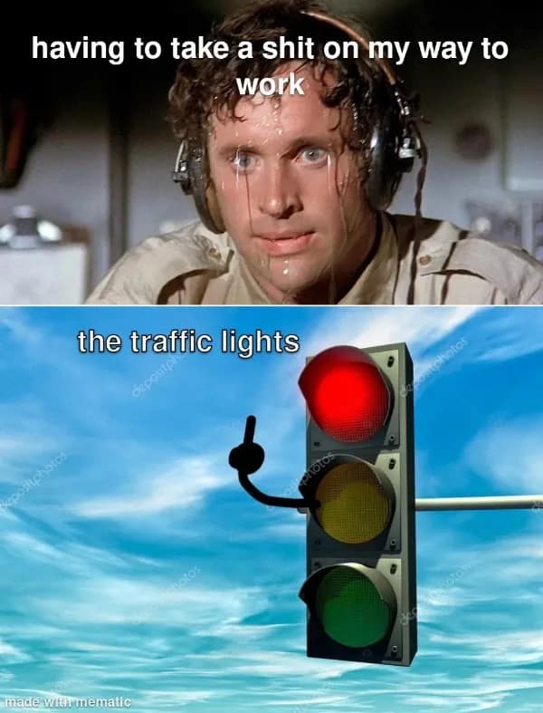 Airplane! movie Ted Striker sweating meme compared to traffic light giving the finger funny meme.