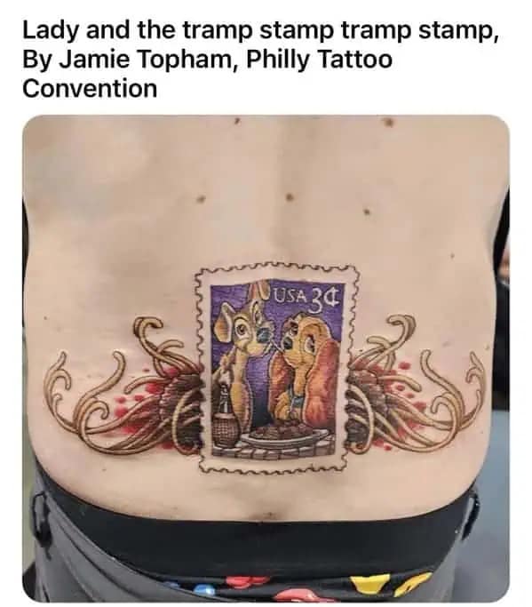 A meme dump photo of a lower back tattoo featuring the spaghetti scene from Disney's Lady and the Tramp.