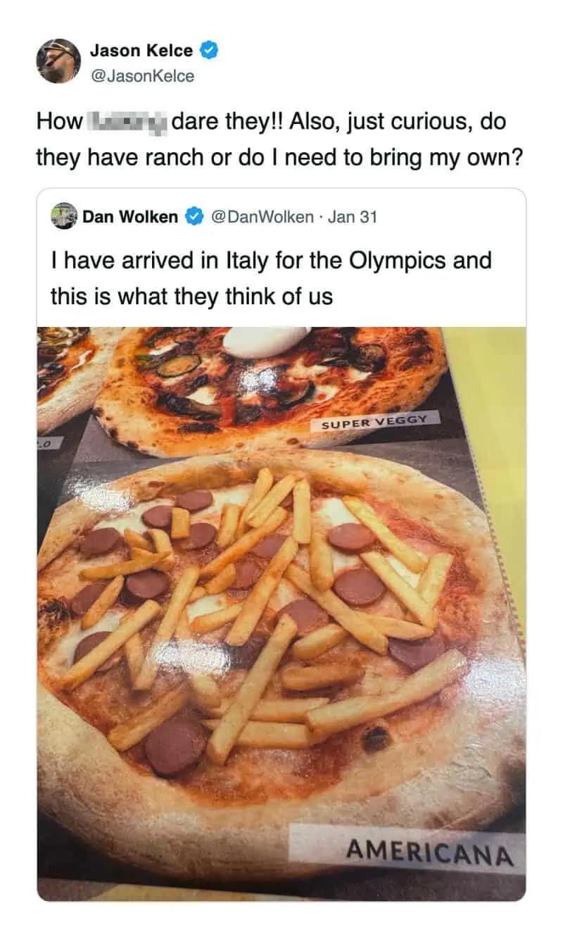 Jason Kelce tweet reacting to pizza with fries and hotdogs in Italy funny meme about food crimes