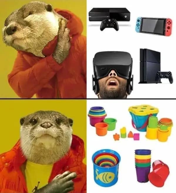 An adorable funny meme using the Drake format to show an otter rejecting video games and preferring stacking cups.