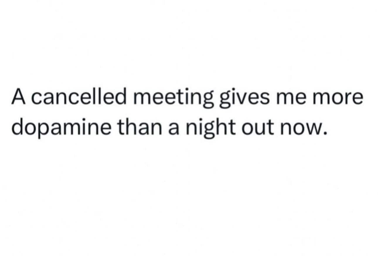 A relatable meme dump text post for introverts stating that the dopamine hit from a "cancelled meeting" is now superior to a night out.