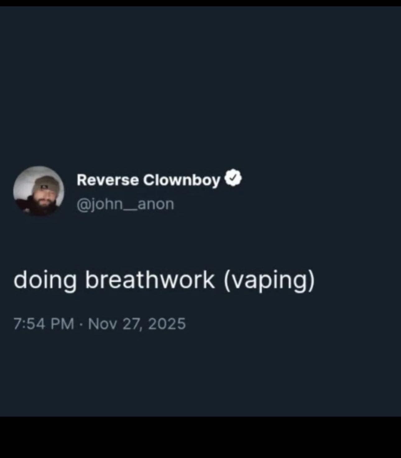 A hilariously blunt meme dump tweet that simply and accurately rebrands the modern addiction of hitting an e-cigarette as "doing breathwork (vaping)."