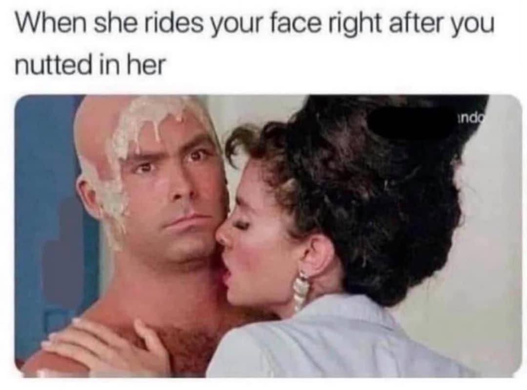 A highly questionable and unhinged funny meme showing a bald man looking completely traumatized while covered in white slime as a woman kisses his neck, captioned with a very explicit and messy "n*tted" bedroom scenario for the meme dump.