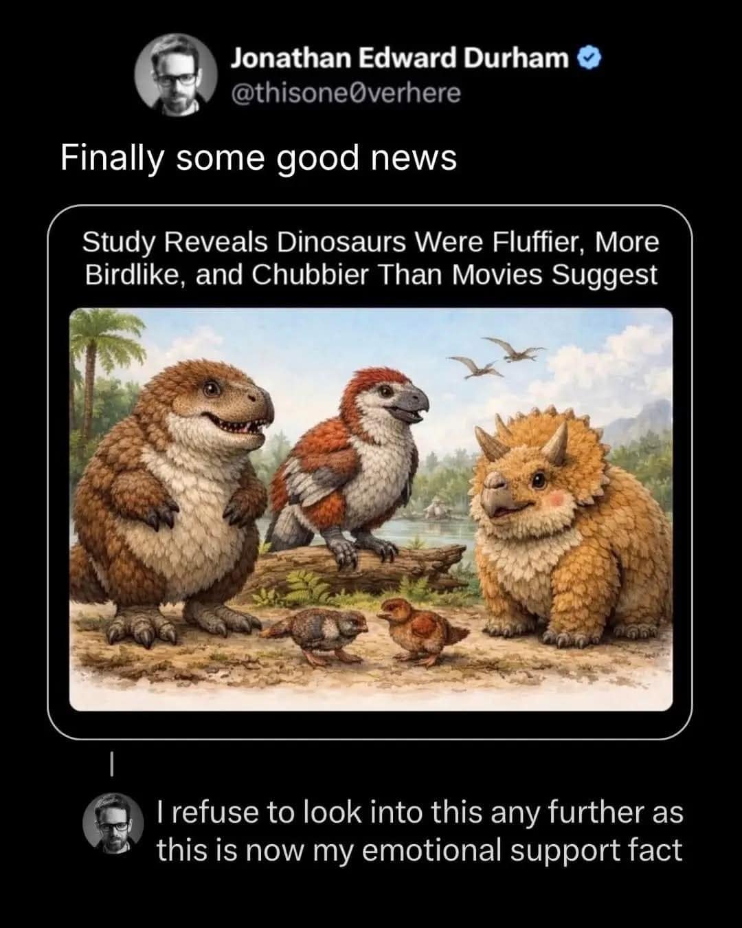 A funny meme tweet sharing "emotional support facts" about dinosaurs being fluffier and chubbier than movies suggest.