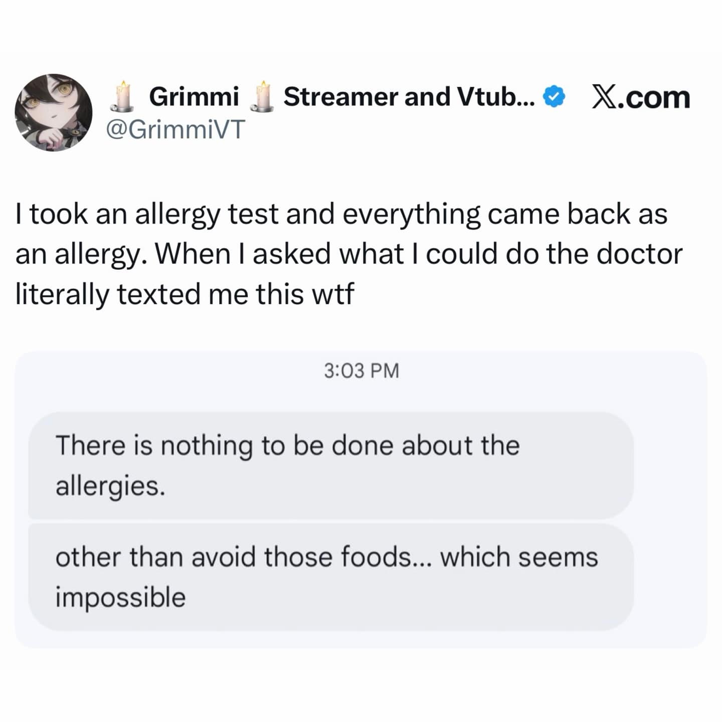 A hilarious meme dump entry showing a tweet where a patient's doctor bluntly texts that "There is nothing to be done about the allergies" except avoiding the foods, adding a totally defeated "which seems impossible," making it a perfect relatable funny meme about medical struggles.