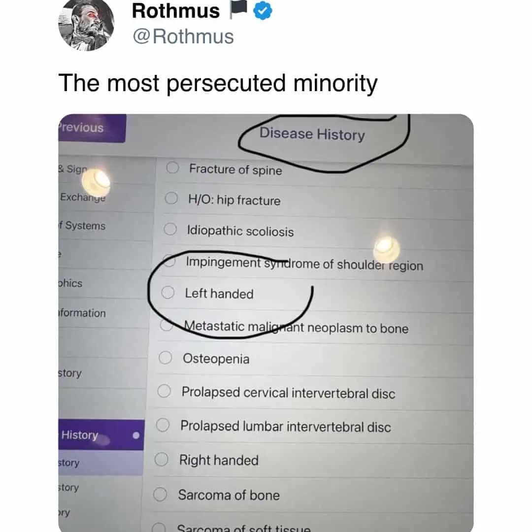 A hilarious medical form funny memes screenshot highlighting the "Disease History" checklist, where being "Left handed" is officially and hilariously listed as a severe medical condition right alongside spinal fractures.