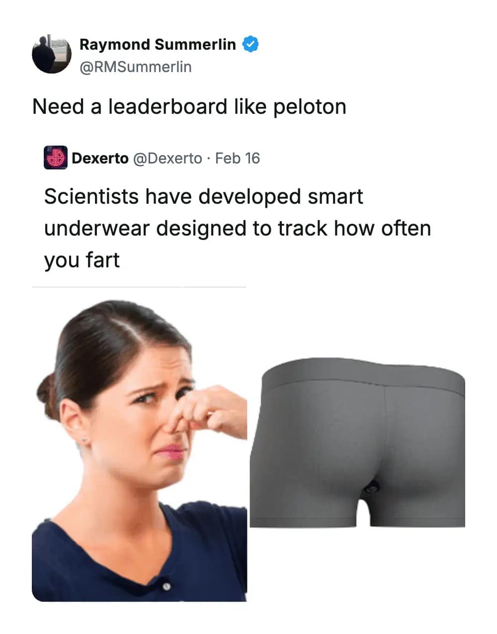 A hilarious technology funny memes entry showing an article about "smart underwear" designed to track farts, with a user perfectly suggesting they need a competitive "leaderboard like peloton".