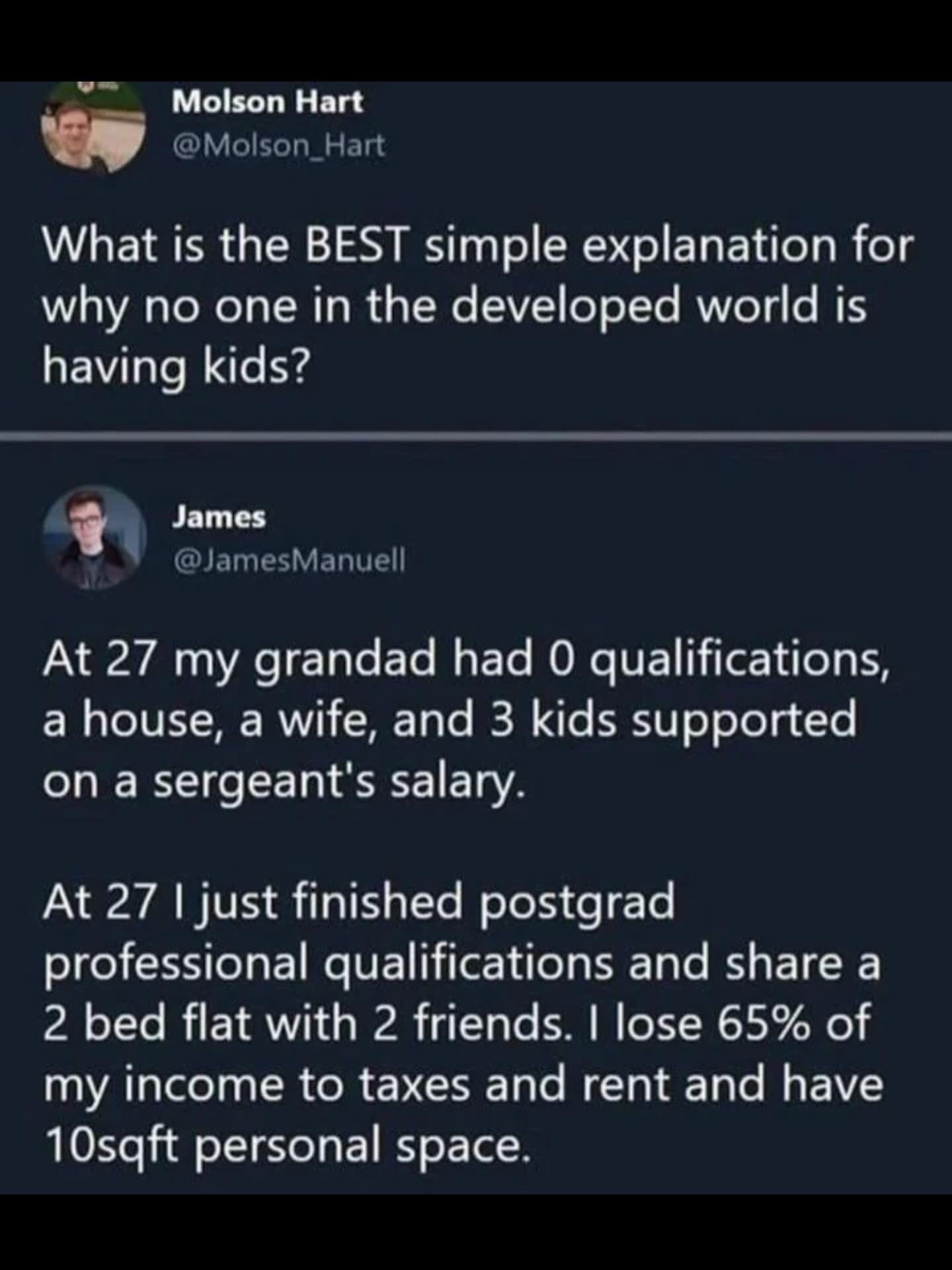 A bleak generational meme dump showing a stark economic contrast between a grandfather owning a house on a sergeant's salary at 27, and a modern postgraduate sharing a flat and losing 65% of their income to taxes and rent.