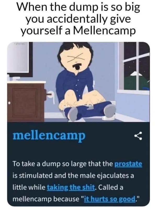 An incredibly unhinged and crude funny meme using Randy Marsh from South Park to illustrate a fake, highly explicit Urban Dictionary term called a "Mellencamp," describing a bathroom experience that is so massive it accidentally stimulates the male anatomy because "it hurts so good," adding peak chaos to this meme dump.