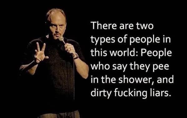 A deeply relatable and gross funny meme featuring a stand-up comedy quote bluntly dividing the world into two types of people: those who admit they pee in the shower, and "dirty f*cking liars," a classic blunt observation for this meme dump.