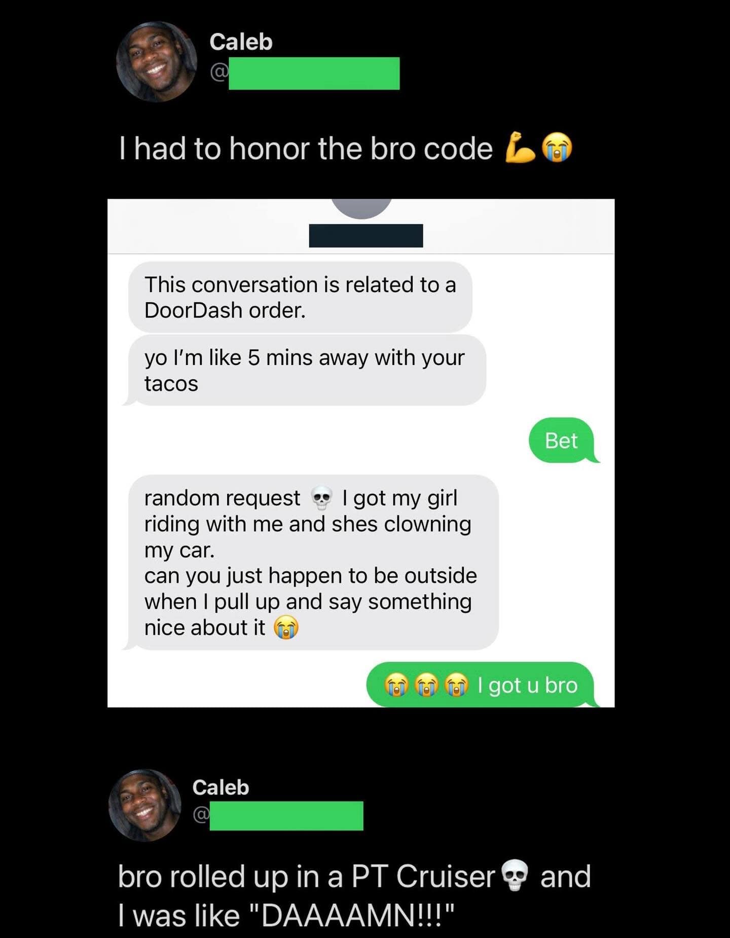 A hilarious bro-code funny memes text exchange where a customer asks his DoorDash driver to compliment his car in front of his girlfriend, resulting in the delivery guy loudly hyping up a tragically uncool PT Cruiser.