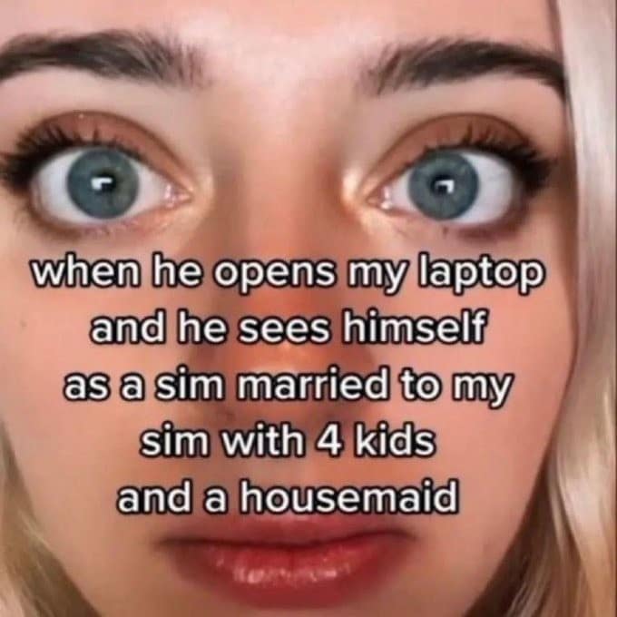 A meme dump close-up of a girl's intense stare, captioned about a partner finding their Sims family on her laptop.