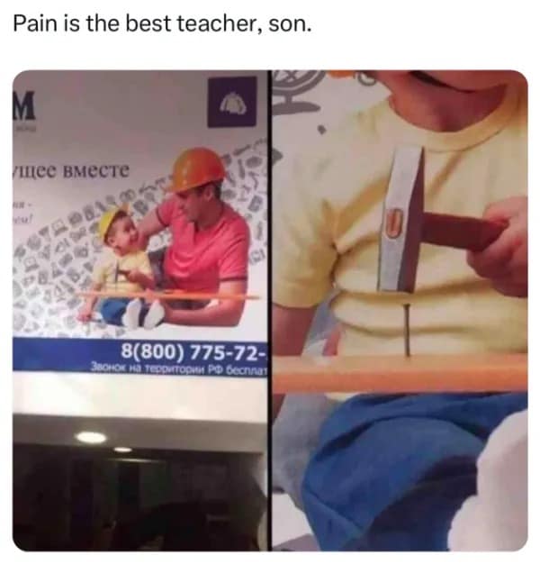 Stock photo of dad and son compared to kid hammering a nail into his leg funny meme.