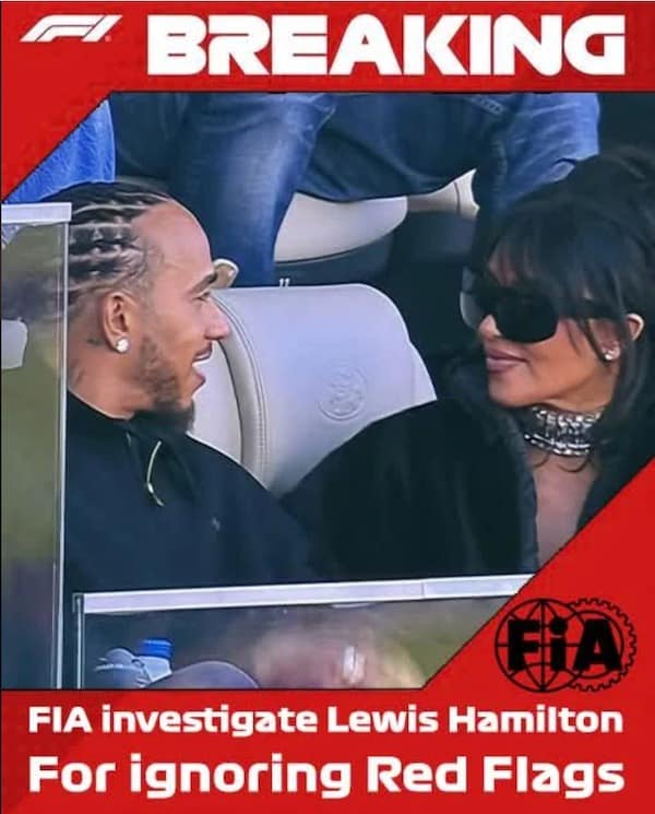 Funny meme: F1 parody graphic of Lewis Hamilton talking to Kim Kardashian. Text: "FIA investigate Lewis Hamilton For ignoring Red Flags"