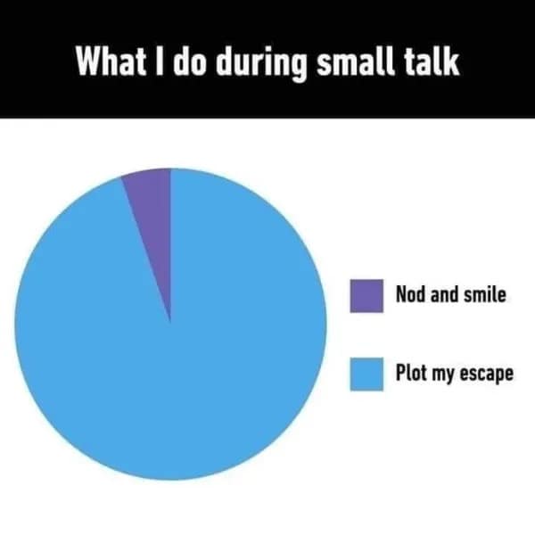 A social anxiety funny memes pie chart titled "What I do during small talk," revealing that 95% of the time is spent "plotting my escape."