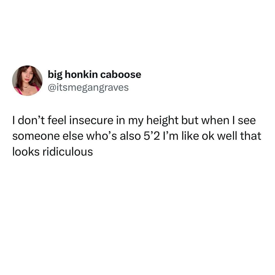 A self-aware short people meme where a 5'2" person admits they only realize how ridiculous their height looks when they see someone else the same size.