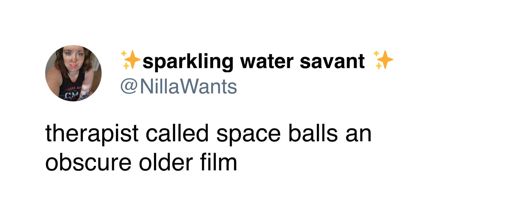 Relatable text post describing the devastating aging realization when a therapist casually refers to the movie Spaceballs as an "obscure older film".