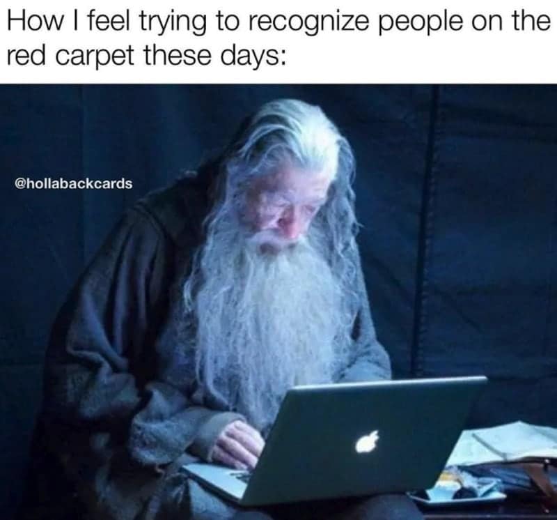 Gandalf from Lord of the Rings staring at a laptop confused millennial meme about red carpet celebrities.