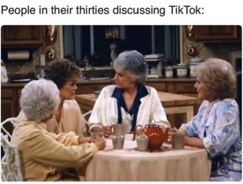 The Golden Girls sitting at a table discussing TikTok millennial meme about aging.