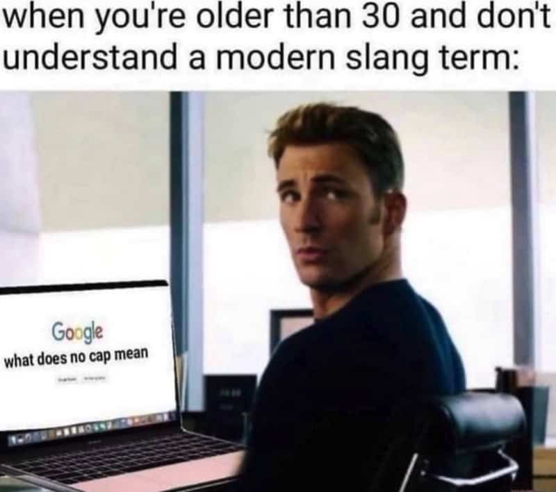 Captain America Chris Evans looking confused at Google search millennial meme about modern slang.