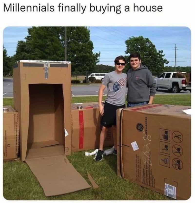 Two guys standing next to a cardboard box fort millennial meme about buying a house.
