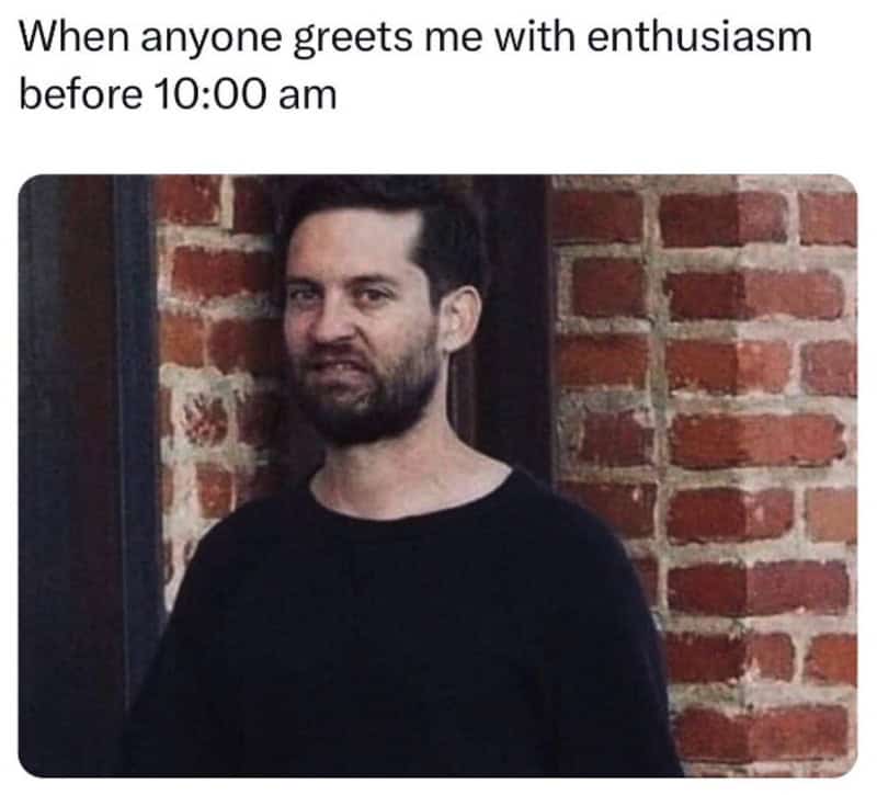 Tobey Maguire looking disgusted and scruffy millennial meme about morning greetings.