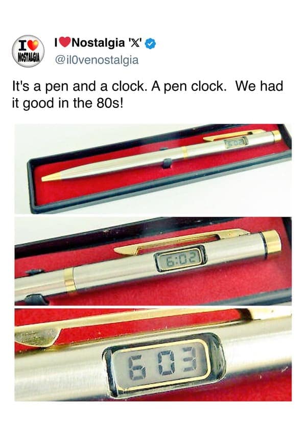 A universally recognized nostalgic photo of the iconic faux-woodgrain GE digital alarm clock with glowing red numbers, claiming that "EVERY family" had one of these in their house.