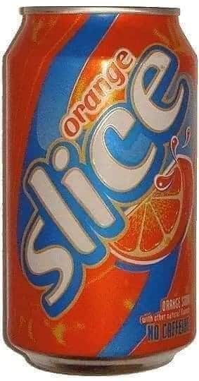 A vintage can of Orange Slice soda with its iconic blue and orange swirl design, a popular nostalgic drink from the past.