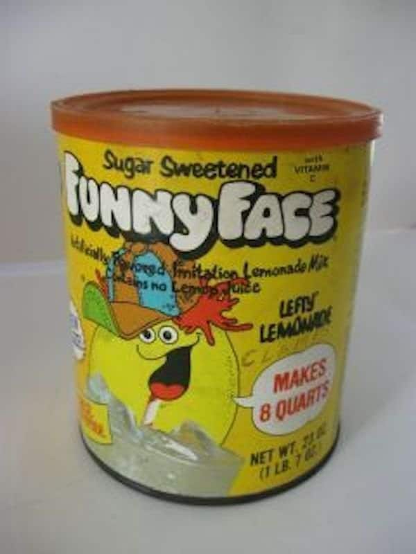 A vintage canister of Funny Face Lefty Lemonade sugar-sweetened drink mix, a retro drink mascot that competed with Kool-Aid.
