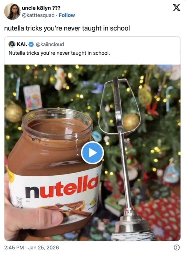 A Nutella tricks meme tweet showing a jar of Nutella next to an electric mixer beater, captioned "tricks you're never taught in school."