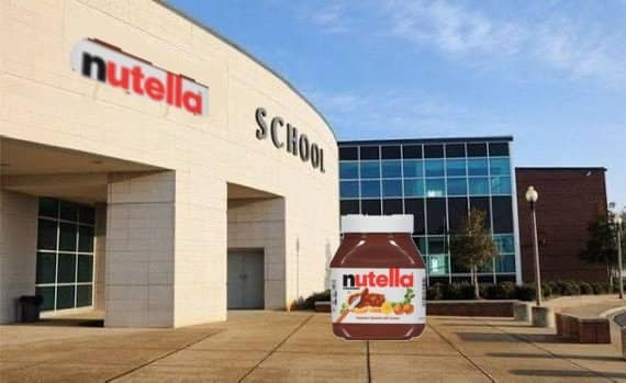 A Nutella tricks meme photoshopping the Nutella logo onto a high school building with a giant jar in the courtyard.