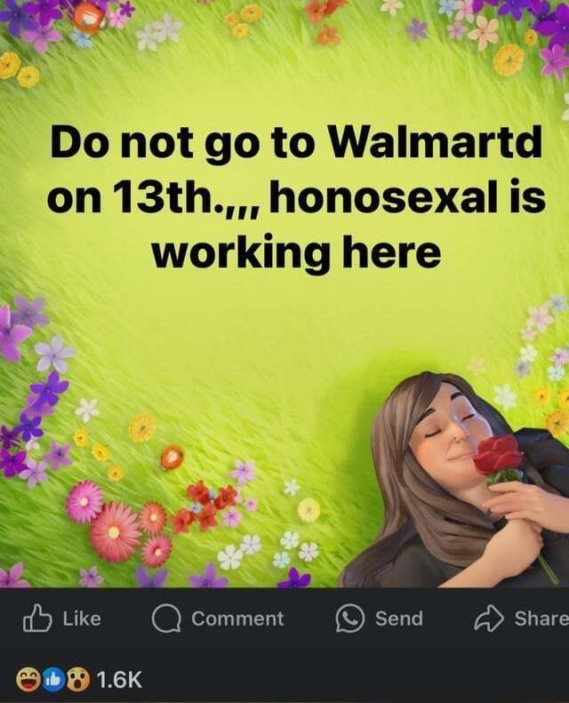 Facebook post with a floral background and a woman avatar warning people about Walmart.