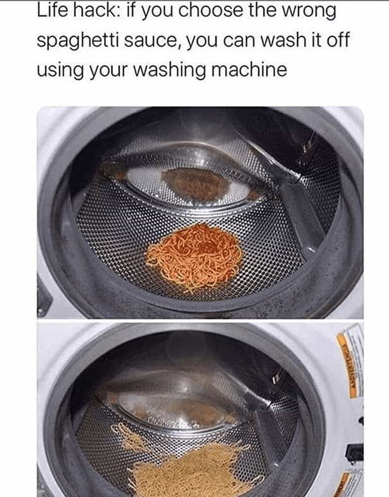 A humorous "life hack" showing spaghetti being washed inside a front-loading laundry washing machine.