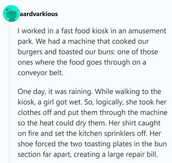 A disastrous funny firing story at an amusement park where a worker tried to dry her wet clothes in a "burger toaster," setting her shirt on fire and triggering sprinklers.