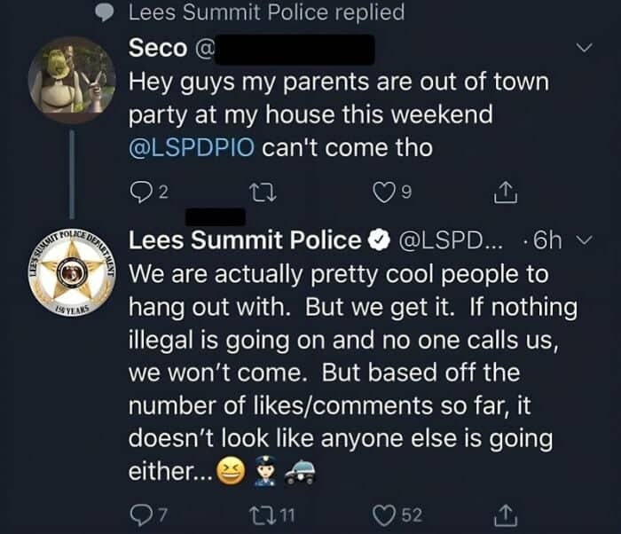 Lees Summit Police replying to a party invite by roasting the host's low engagement and likes.
