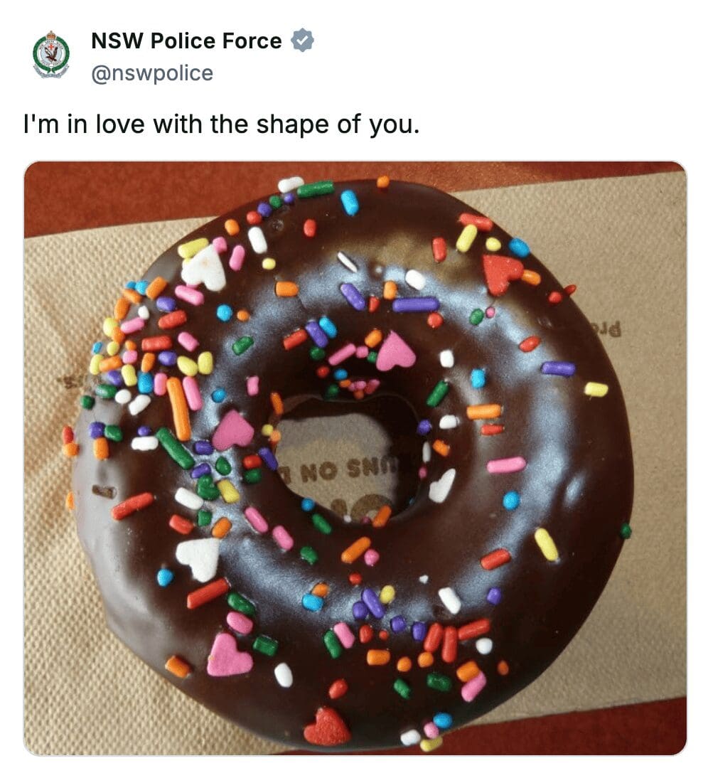 NSW Police Force post featuring a chocolate donut with sprinkles and an Ed Sheeran lyric caption.