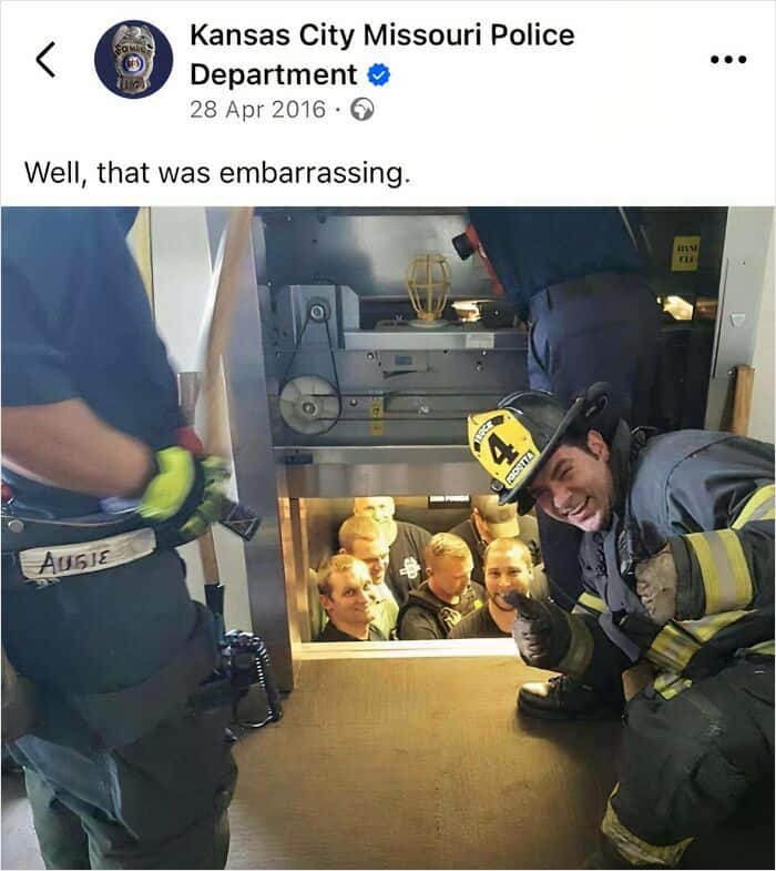 Kansas City Missouri Police Department officers stuck in an elevator being rescued by firefighters.